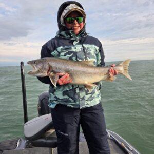 Client Courtney with a big Lake Erie Lake Trout with Big Fat Bass Guide Service