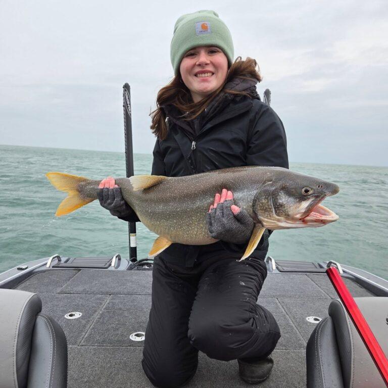 Big Fat Bass Guide Service client Taylor with a big lake trout on Lake Erie