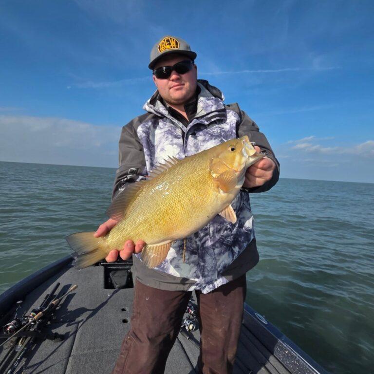 Big Fat Bass Guide Service client Hunter with a big fall Lake Erie smallmouth bass