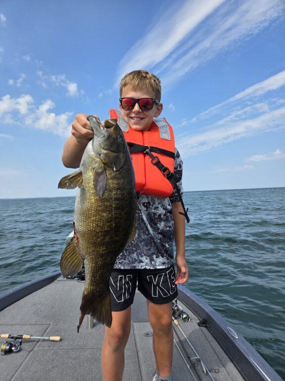 Lake Erie smallmouth bass caught during a summer offshore fishing trip near Erie, PA