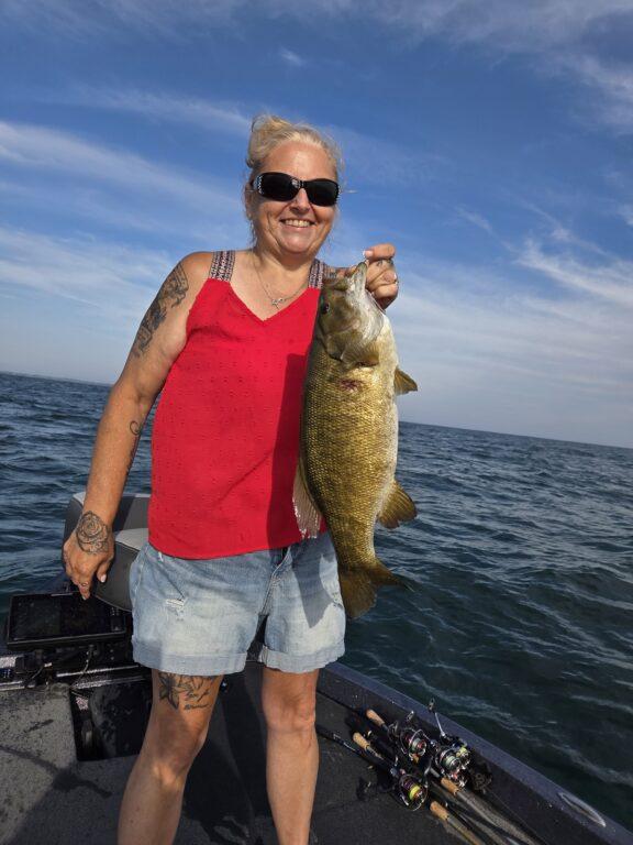 Lake Erie smallmouth bass caught during a summer offshore fishing trip near Erie, PA