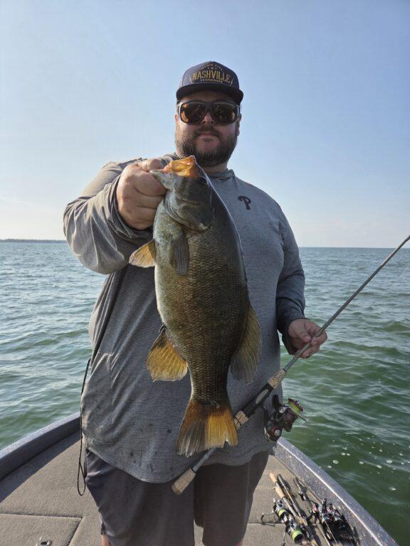 Lake Erie smallmouth bass caught on offshore structure during a mid-August guide trip